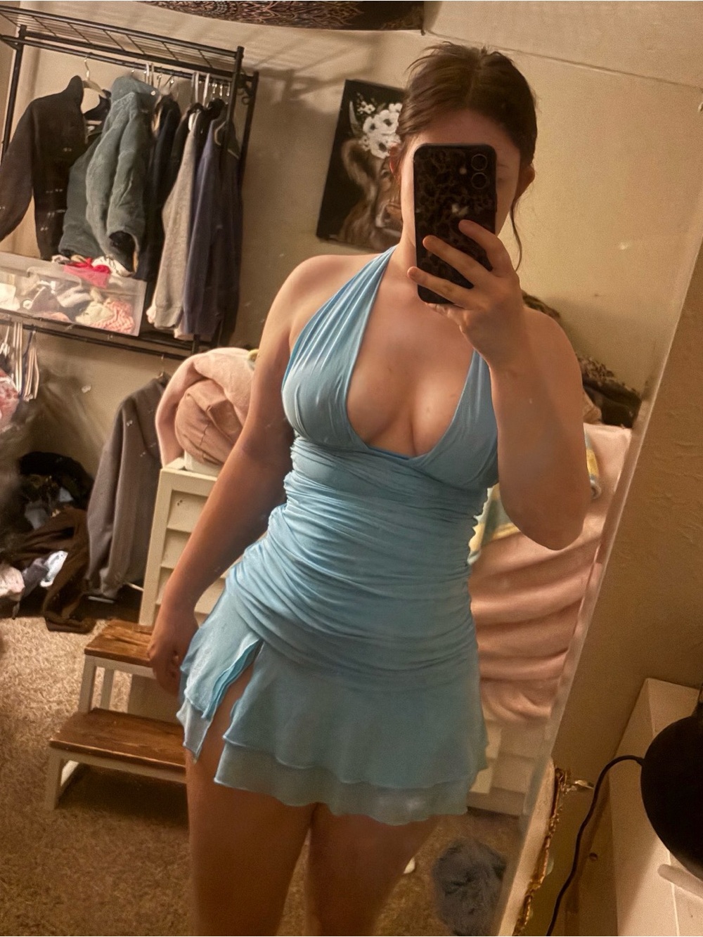 White Fox Boutique Light Blue Halter Ruched Mini Dress